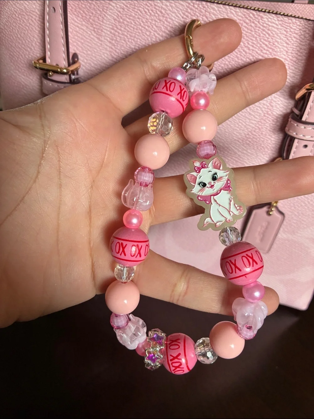 Pink Marie Cat Beaded Phone Charm Keychain